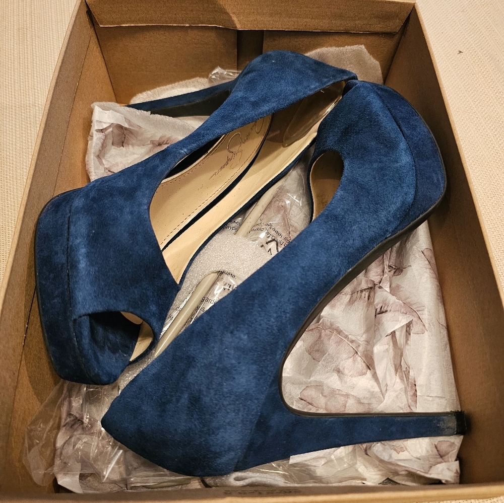 Jessica Simpson peep toe blue suede heel